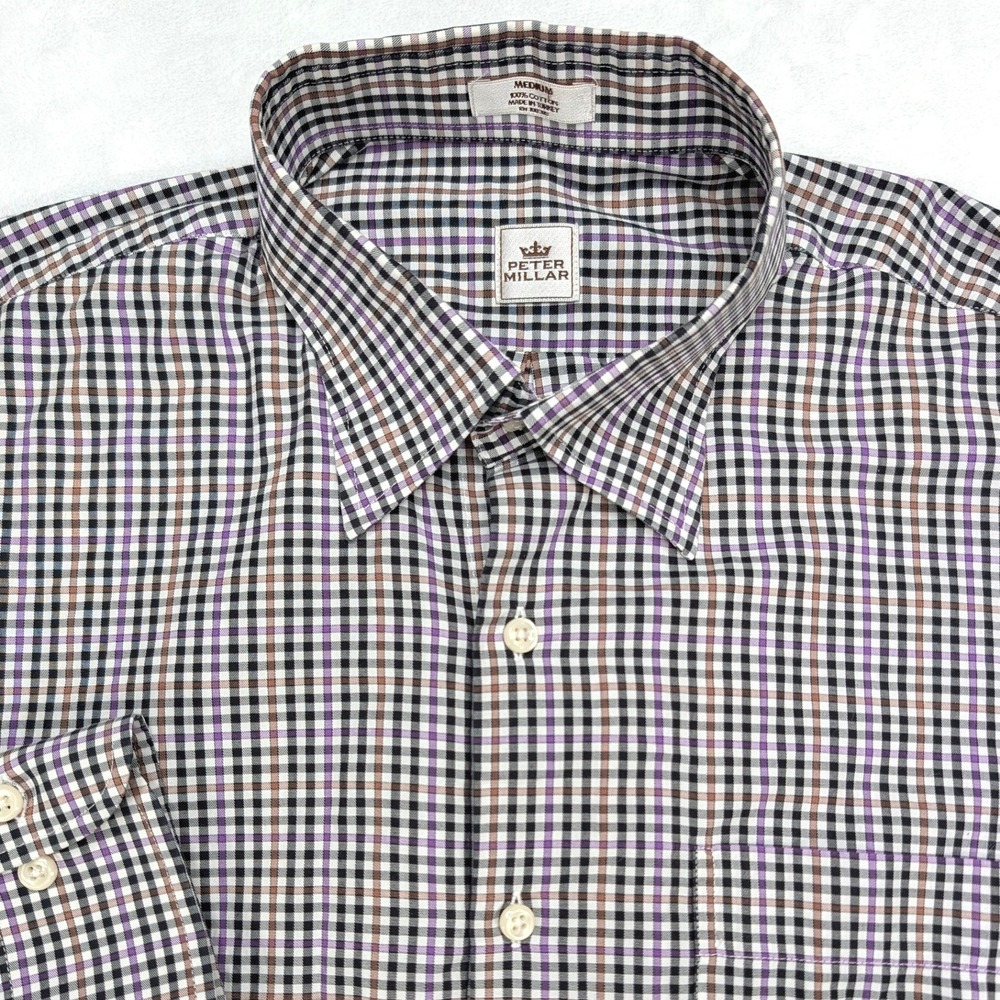 Peter Millar Mens Medium Purple Black Plaid Cotton Long Sleeve Button Down Shirt